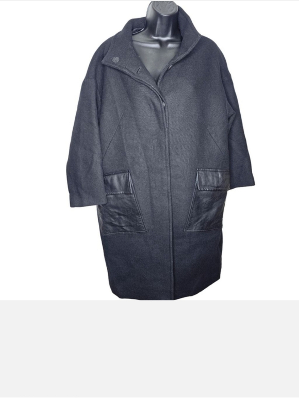 ZARA Black Wool Blend Coat with Faux Leather Pockets Women’s Size M - Picture 4 of 4